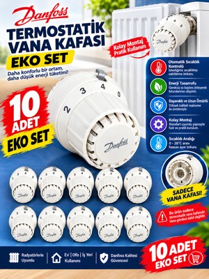10 Adet--Danfoss Rae Termostatik Vana Kafası - Radyatör Petek Isı Ayarlayıcı Termostat Sensör Seti (Geçmeli / Click Model)