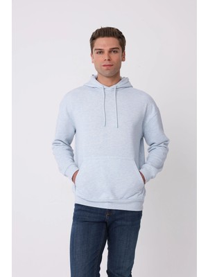 Defy's Shark Erkek Tüylenme Yapmayan Geniş Kalıp İçi Polarlı 3 İplik Mavi Melanj Kapüşonlu Basic Sweatshirt