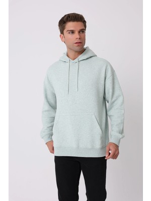 Defy's Shark Erkek Tüylenme Yapmayan Geniş Kalıp İçi Polarlı 3 İplik Yeşil Melanj Kapüşonlu Basic Sweatshirt