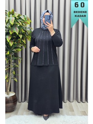Elmas Tesettür Kadın Giyim Büyük Beden Beş Şerit Taşlı Mevlana Etekli Ikili Takım
