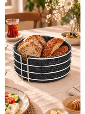 Edora Home Parlak Silver Yuvarlak Ekmek Sepeti, Ekmeklik Sunum Sepeti, Antrasit Gri Makrome Çok Amaçlı Paslanmaz Metal