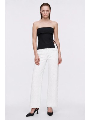 Hakke Yüksek Bel Taş Detaylı Straight Jean Pantolon