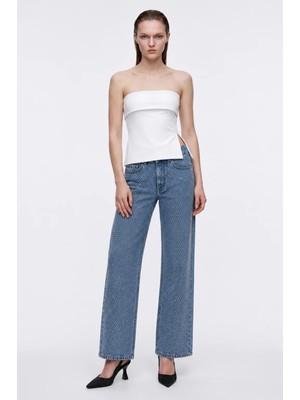 Hakke Yüksek Bel Taş Detaylı Straight Jean Pantolon