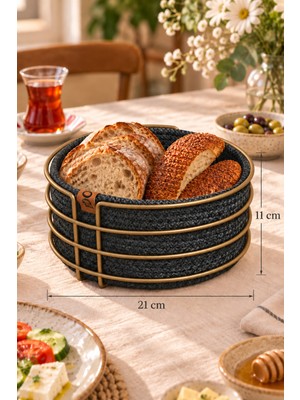 Edora Home Mat Gold Yuvarlak Ekmek Sepeti, Ekmeklik Sunum Sepeti, Antrasit Gri Makrome Çok Amaçlı Paslanmaz Metal