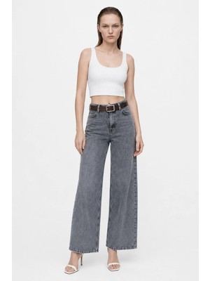 Hakke Kemerli Wide Leg Kadın Jean Pantolon
