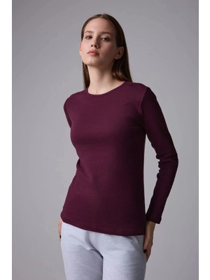 Defy's Kadın Bisiklet Yaka Uzun Kollu Regular Fit Basic Tişört Bordo