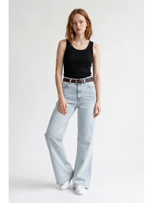 Hakke Kemerli Wide Leg Kadın Jean Pantolon