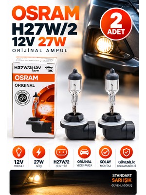 Osram H27W/2 Original 12V 27W Sis Far Ampulü Standart Halojen Sarı Işık Ikili Set 2 Adet