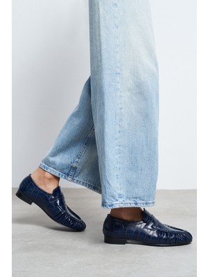Nişantaşı Shoes Marbella Lacivert Su Yolu Kroko Hakiki Deri Düz Taban Kadın Loafer Ayakkabı