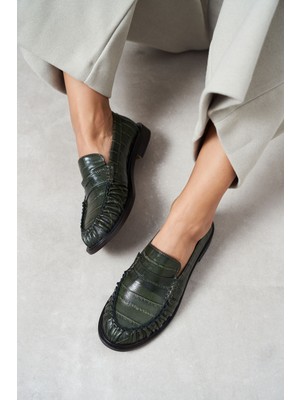 Nişantaşı Shoes Vesta Haki Su Yolu Kroko Hakiki Deri Düz Taban Kadın Loafer Ayakkabı