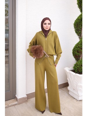 İmaj Butik Yağ Yeşili Corsman Fermuarlı Hırka Pantolonlu Triko Takım