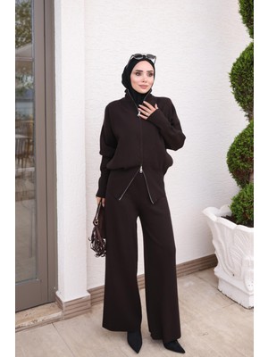 İmaj Butik Kahverengi Corsman Fermuarlı Hırka Pantolonlu Triko Takım
