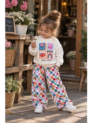 Cg Kids Hoppy Days Renkli Çiçek ve Tavşan Kabartma Baskılı Sweatshirt Desenli Renkli Eşofman Altı 3ip Kız Çocuk Alt Üst Takım