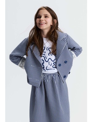 Nk Kids Kız Çocuk 8-14 Yaş Marin Desen Fisto Işlemeli Keten Ceket Lacivert