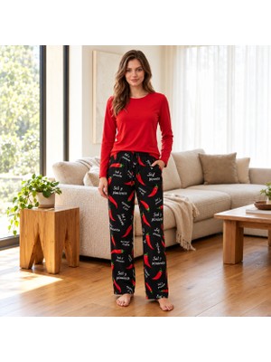 Espina Kadın %100 Pamuk Uzun Kollu Biber Desenli Pijama Takımı