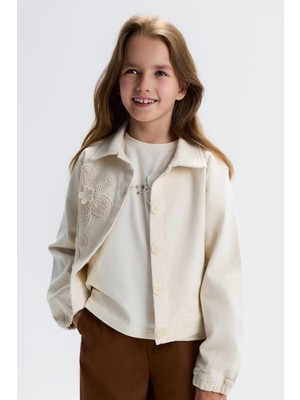 Nk Kids Kız Çocuk 8-14 Yaş Inci ve Çiçek Motifli Keten Ceket Krem