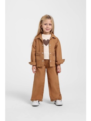 Escabel Kız Çocuk 1-5 Yaş Nakışlı Detaylı Denim Ceket Kahverengi