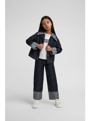 Escabel Kız Çocuk 4-14 Yaş Zımbalı Dik Yaka Denim Ceket Lacivert