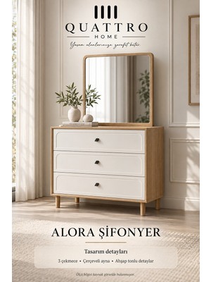 Quattro Home Alora Aynalı 3 Çekmeceli Şifonyer-82 × 42 × 95 cm