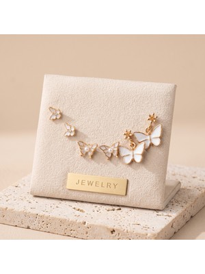 Jewelry Vıp Seri 316L Çelik Gold Renk Beyaz Mineli Kelebek Figürlü Çoklu Küpe Seti