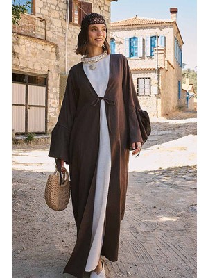 Zülays Kolları Volanlı Keten Abaya Kahve