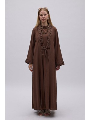 Zülays Büzgülü Bant Detaylı Keten Abaya Kahve
