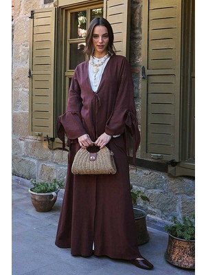 Zülays Kolları Volanlı Keten Abaya Bordo