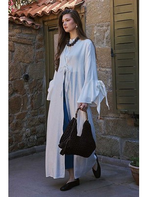Zülays Kolları Volanlı Keten Abaya Taş