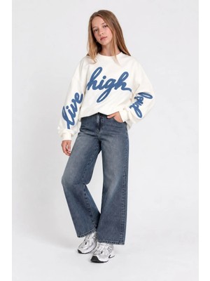 Escabel Kız Çocuk 10-14 Yaş Desenli Büzgülü Crop Sweatshirt Ekru