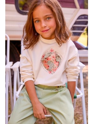 Mayoral Kız Çocuk 4-9 Yaş Çiçek Desenli Mevsimlik Sweatshirt Krem