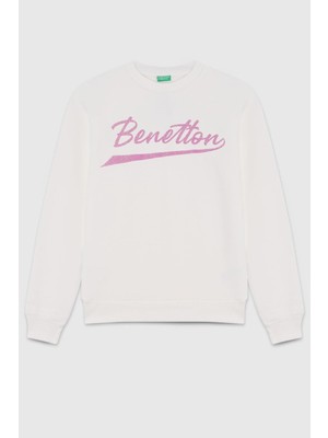 Benetton Kız Çocuk 4-14 Yaş Baskılı Bisiklet Yaka Sweatshirt Ekru