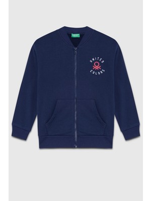 Benetton Kız Çocuk 4-14 Yaş Logo Baskılı Hırka Lacivert