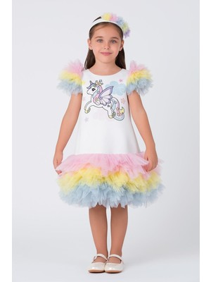 Pamina Kız Çocuk 3-7 Yaş Tütülü Unicorn Parti Elbisesi Renkli