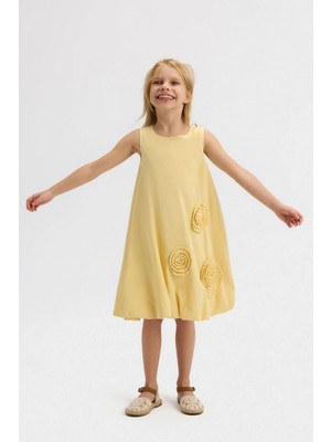 Nk Kids Kız Çocuk 4-8 Yaş Çiçek Işlemeli Crep Kumaş Balon Elbise Sarı