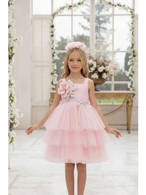Pamina Kız Çocuk 3-7 Yaş Üç Boyutlu Çiçek Desenli Taçlı Tütü Elbise Pembe