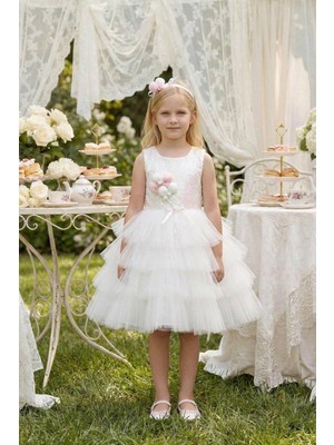 Pamina Kız Çocuk 3-7 Yaş Balon Buketli Taç Detaylı Tüllü Elbise Ekru