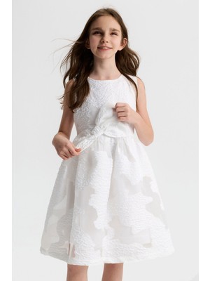 Nk Kids Kız Çocuk 8-14 Yaş Fiyonk Detaylı Motifli Tül Elbise Beyaz