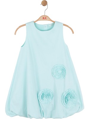 Nk Kids Kız Çocuk 4-8 Yaş Çiçek Işlemeli Crep Kumaş Balon Elbise Mavi
