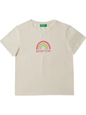Benetton 4-14 Yaş Kız Çocuk  Gökkuşağı Baskılı Kısa Kol T-Shirt Beyaz