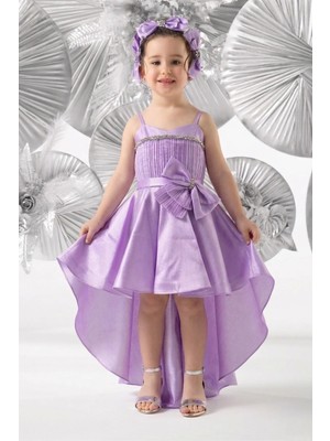 Erkut Bebe Mojo Kız Çocuk 5-10 Yaş Drape Detaylı Önü Kısa Arkası Uzun Elbise Lila