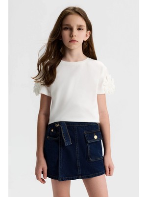 Nk Kids Kız Çocuk 8-14 Yaş Boncuklu Çiçek Işlemeli Kısa Kol T-Shirt Ekru