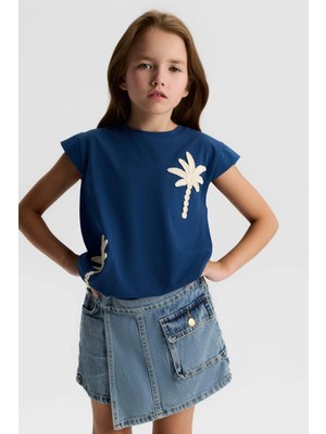 Nk Kids Kız Çocuk 8-14 Yaş Palmiye Nakışlı Kısa Kol T-Shirt Lacivert