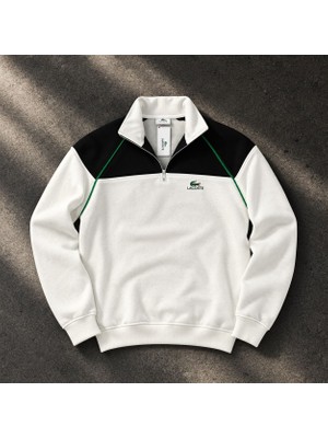 Süprem Yarım Fermuarlı Sweatshirt | Beyaz – Siyah – Yeşil Detaylı