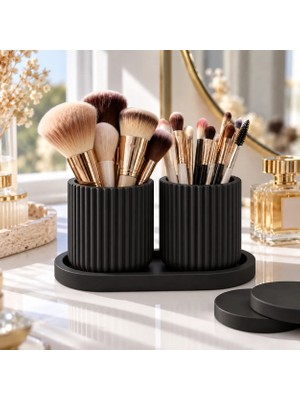 Banyo ve Makyaj Organizer Seti – 4 Parçalı Modern Tasarım, Çizgili Kapaklı Kutu & Tepsili Düzenleyici