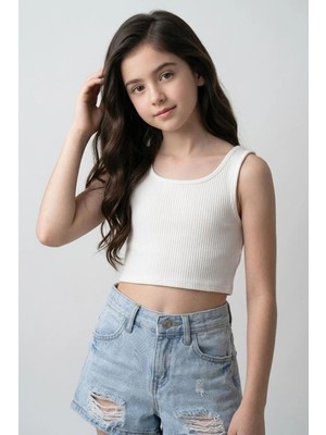 Cuties Kız Çocuk 5-14 Yaş Kaşkorse Kalın Askılı Crop Beyaz