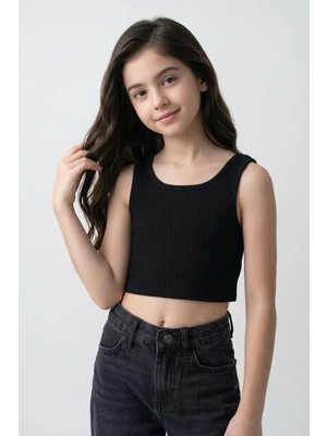 Cuties Kız Çocuk 5-14 Yaş Kaşkorse Kalın Askılı Crop Siyah