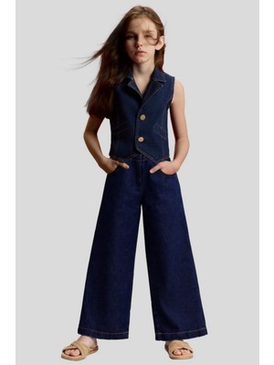Nk Kids Kız 8-14 Yaş Gold Düğmeli Denim Yelek Lacivert
