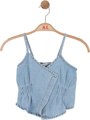 Nk Kids Kız Çocuk 8-14 Yaş Kruvaze Yaka Ip Askılı Denim Crop Kot Mavi