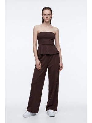 Hakke Peplum Kolsuz Geniş Paça Soft Touch Örme Alt-Üst Takım