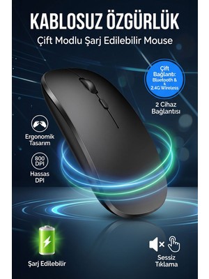 Shard Ultra Slim Sessiz Tıklama Bluetooth Şarjlı 2.4ghz Kablosuz Mouse 1600DPI